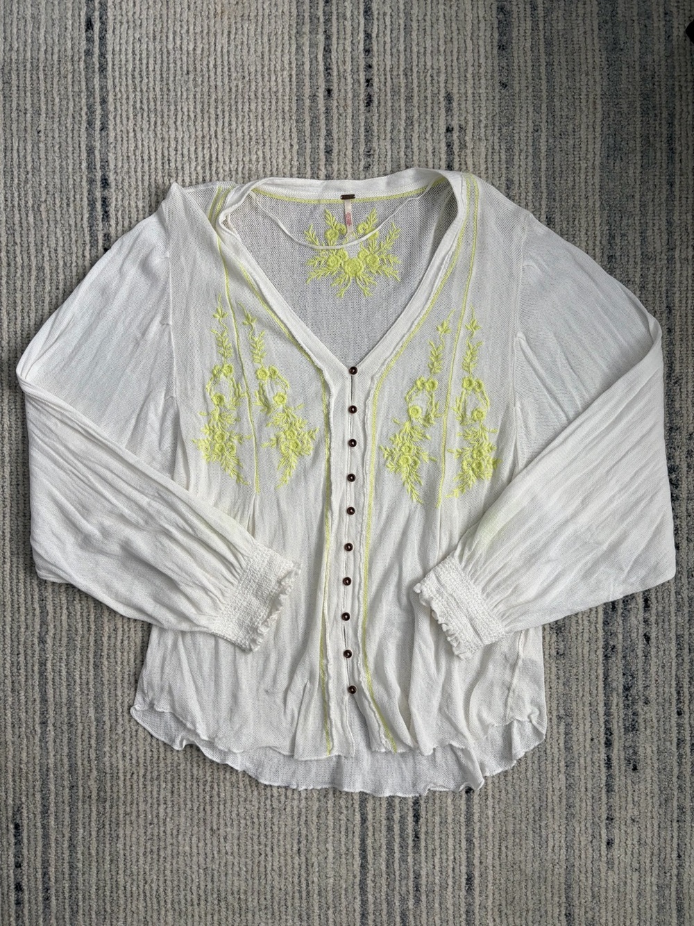Free People White Button-Front Blouse with Lemon Embroidery Size M